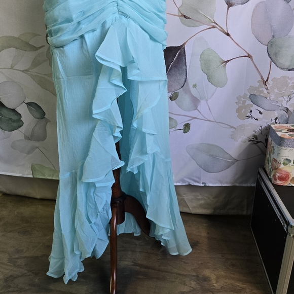 ASOS | Ruched Front High Low Frill Maxi Prom Dress in Aqua sz 4 - Picture 4 of 10